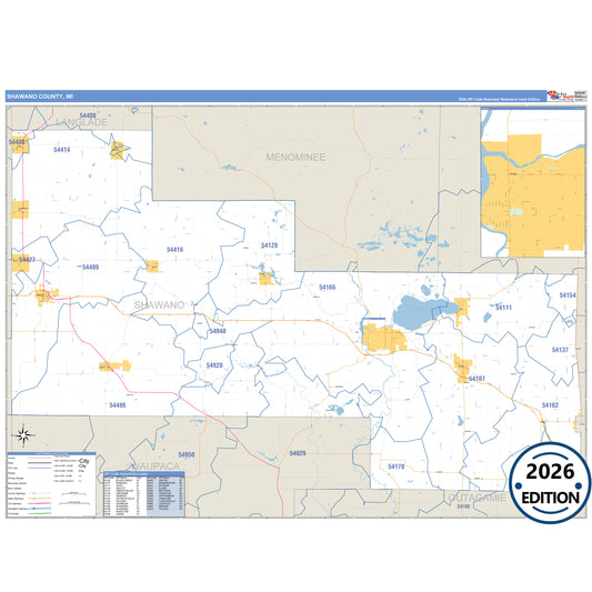 Shawano County, WI Business Reference 5 Digit ZIP Code Wall Map