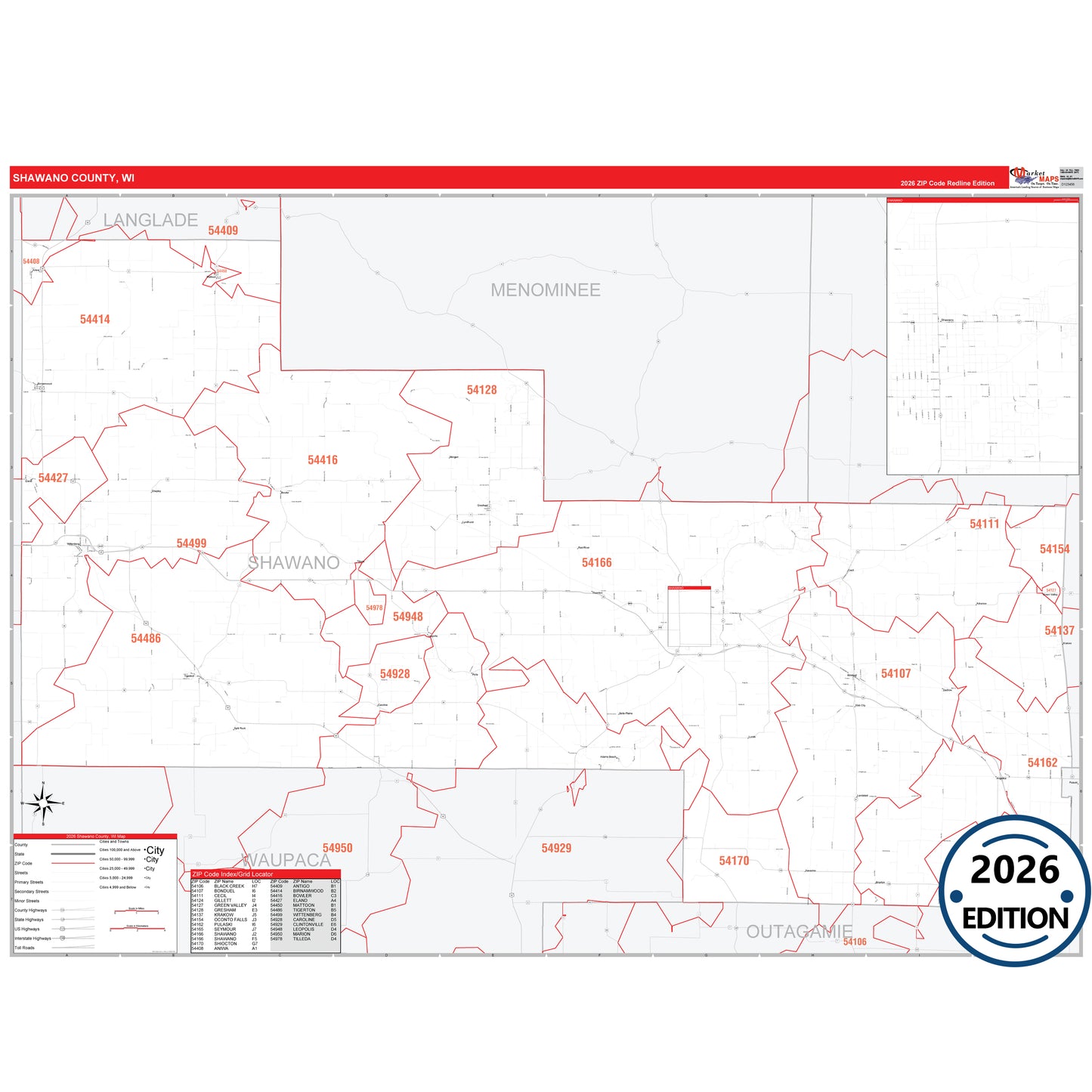 Shawano County, WI Red Line 5 Digit ZIP Code Wall Map