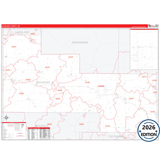 Shawano County, WI Red Line 5 Digit ZIP Code Wall Map