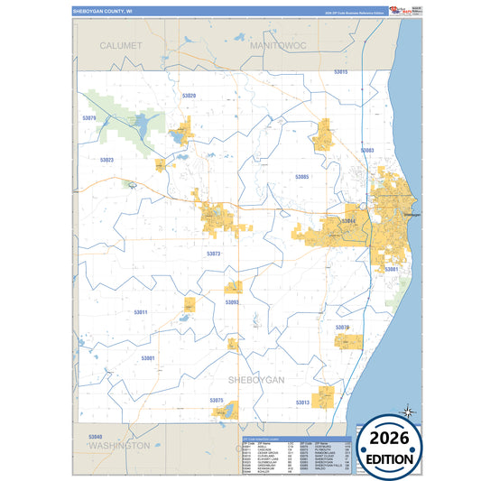 Sheboygan County, WI Business Reference 5 Digit ZIP Code Wall Map
