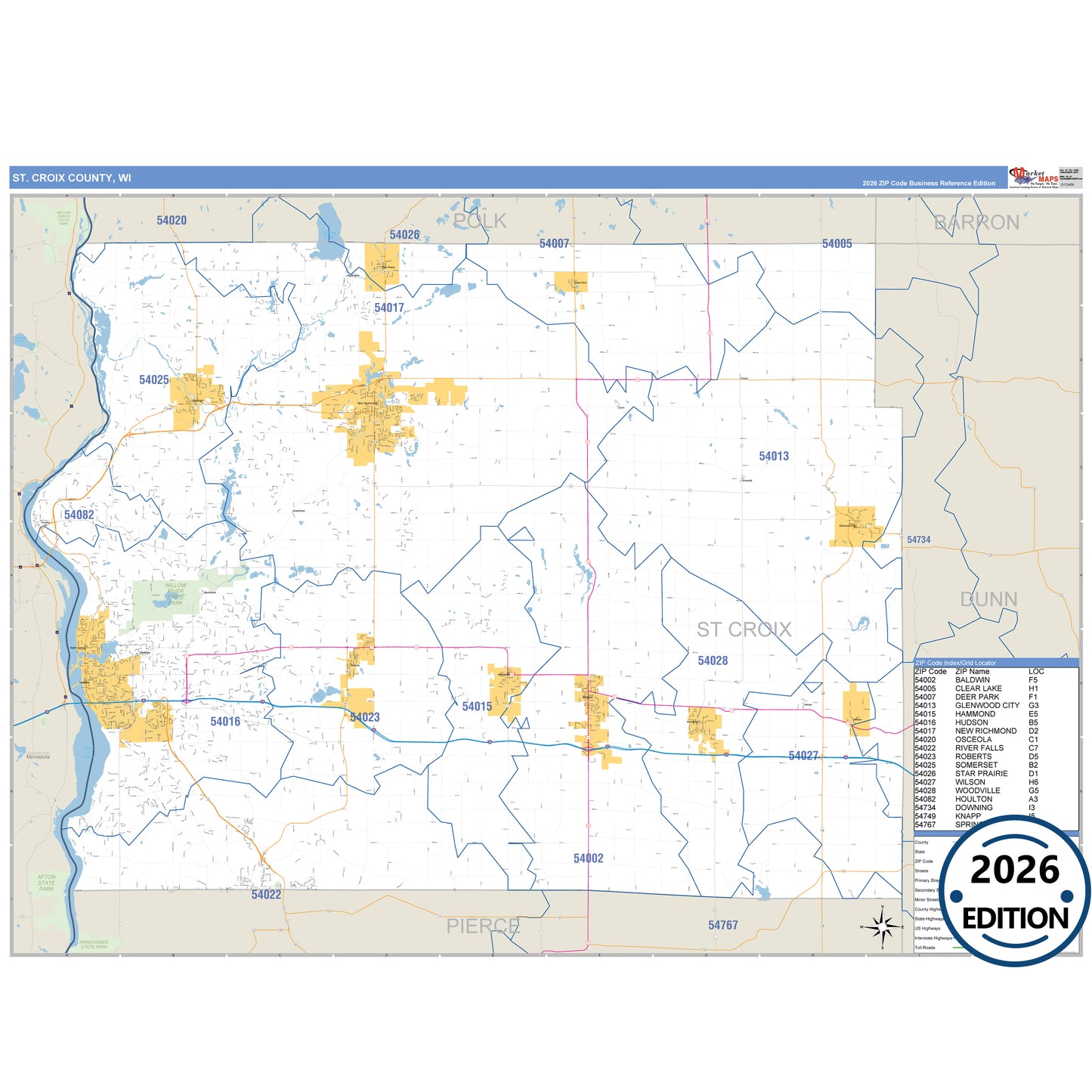 St. Croix County, WI Business Reference 5 Digit ZIP Code Wall Map