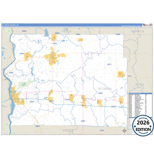 St. Croix County, WI Business Reference 5 Digit ZIP Code Wall Map