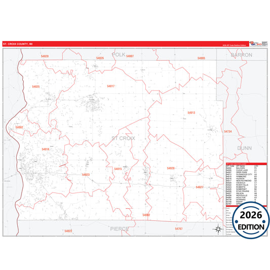 St. Croix County, WI Red Line 5 Digit ZIP Code Wall Map