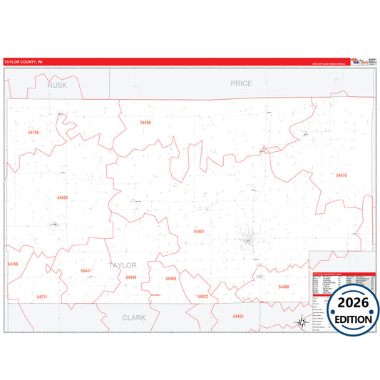 Taylor County, WI Red Line 5 Digit ZIP Code Wall Map
