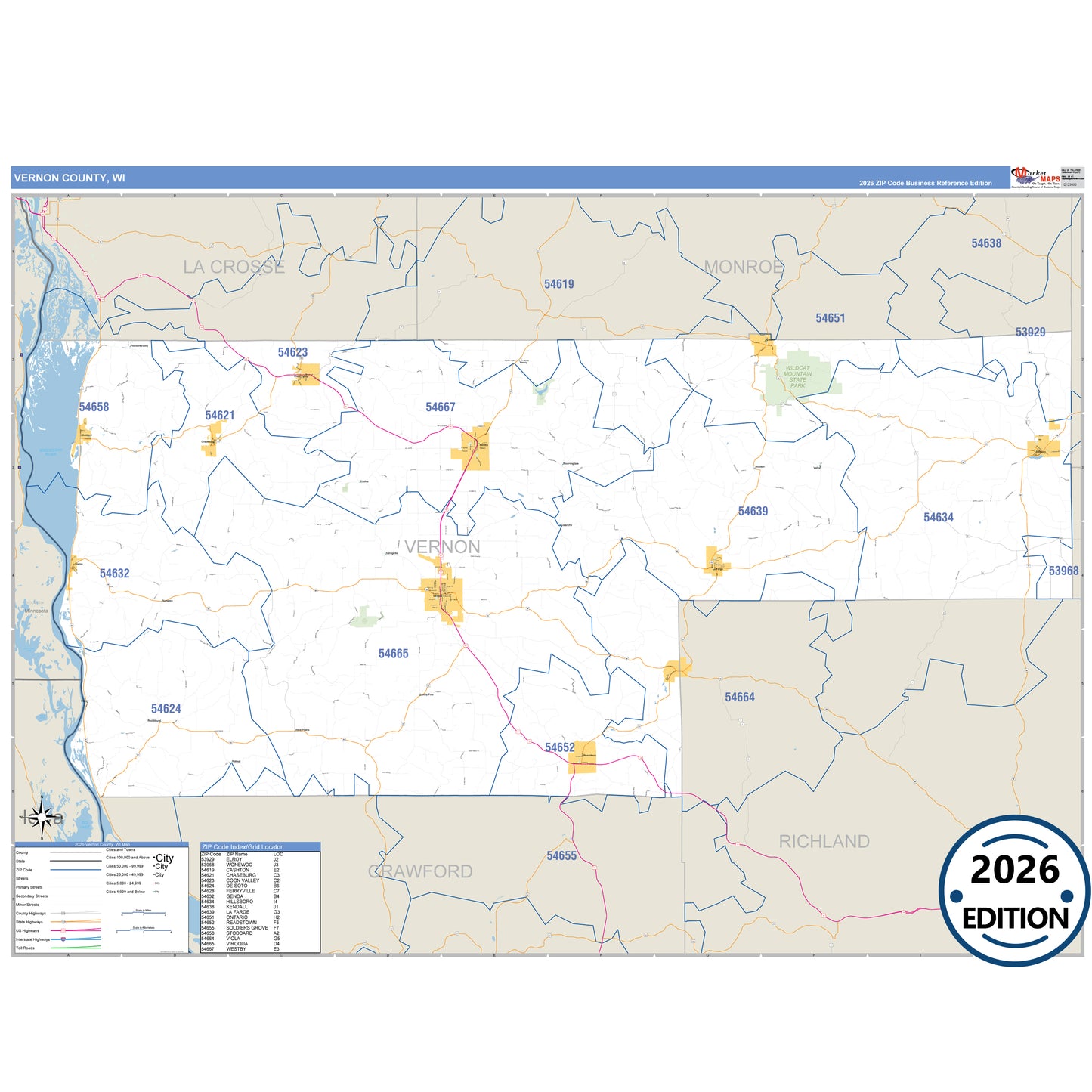 Vernon County, WI Business Reference 5 Digit ZIP Code Wall Map