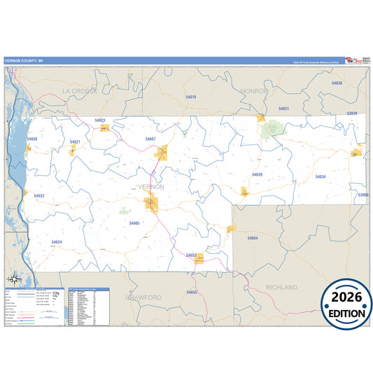 Vernon County, WI Business Reference 5 Digit ZIP Code Wall Map