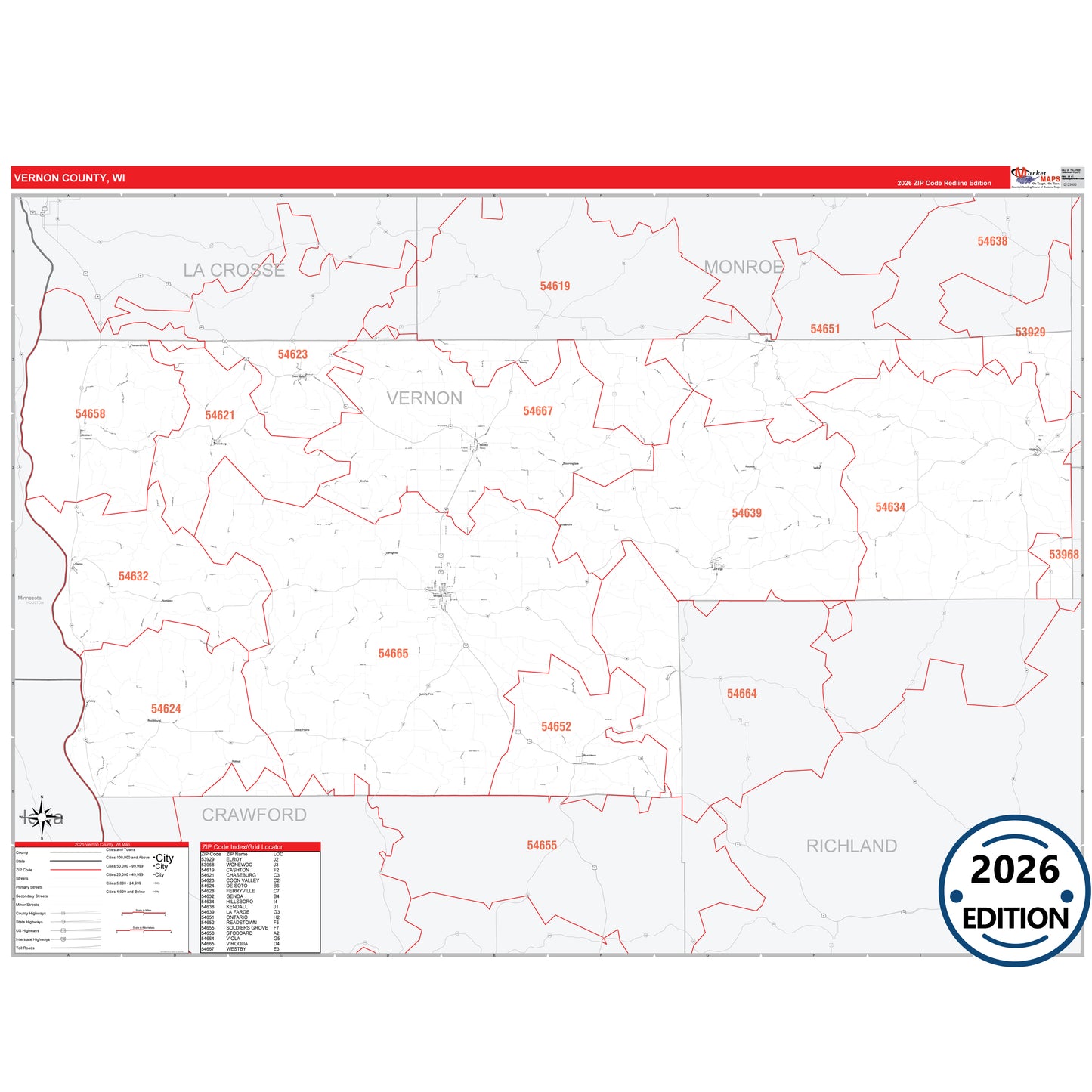 Vernon County, WI Red Line 5 Digit ZIP Code Wall Map