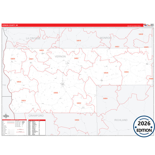 Vernon County, WI Red Line 5 Digit ZIP Code Wall Map