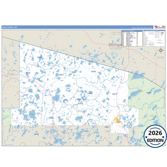 Vilas County, WI Business Reference 5 Digit ZIP Code Wall Map