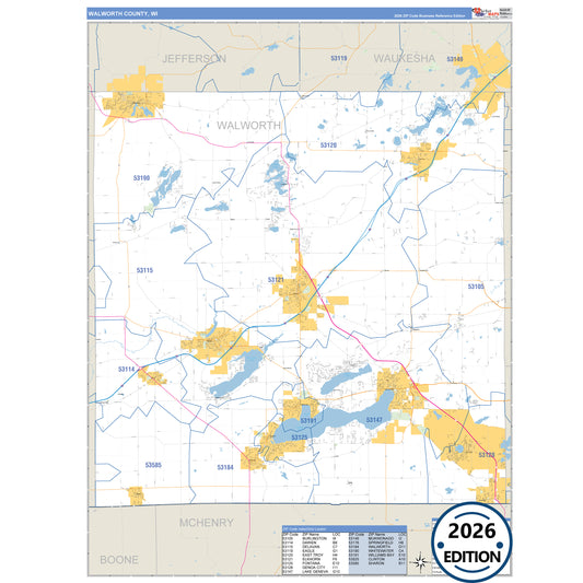 Walworth County, WI Business Reference 5 Digit ZIP Code Wall Map