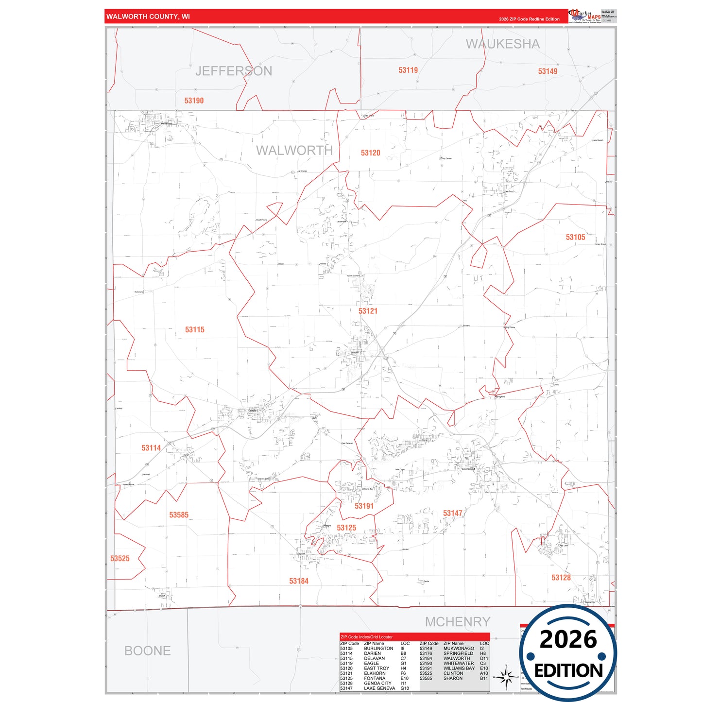 Walworth County, WI Red Line 5 Digit ZIP Code Wall Map