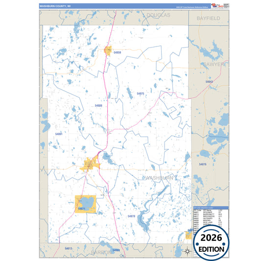 Washburn County, WI Business Reference 5 Digit ZIP Code Wall Map