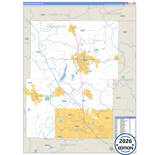Washington County, WI Business Reference 5 Digit ZIP Code Wall Map