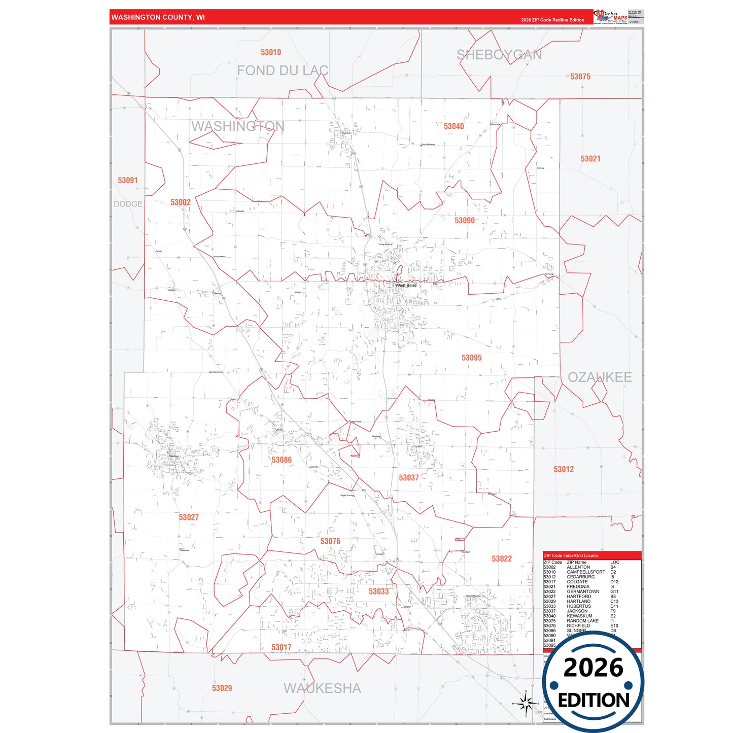 Washington County, WI Red Line 5 Digit ZIP Code Wall Map