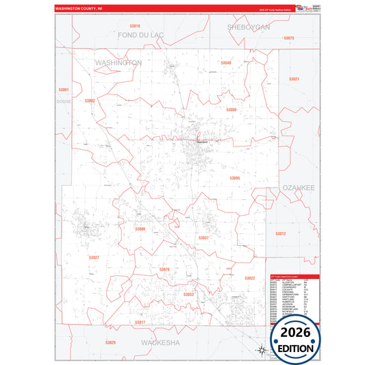 Washington County, WI Red Line 5 Digit ZIP Code Wall Map