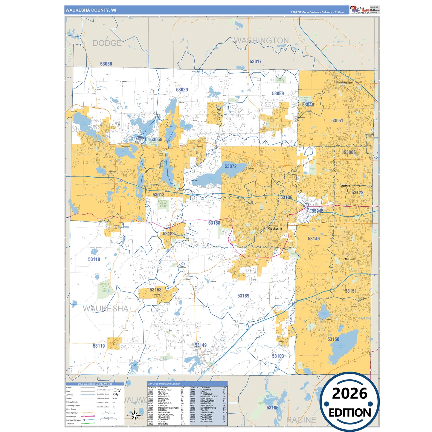 Waukesha County, WI Business Reference 5 Digit ZIP Code Wall Map