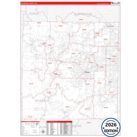 Waukesha County, WI Red Line 5 Digit ZIP Code Wall Map