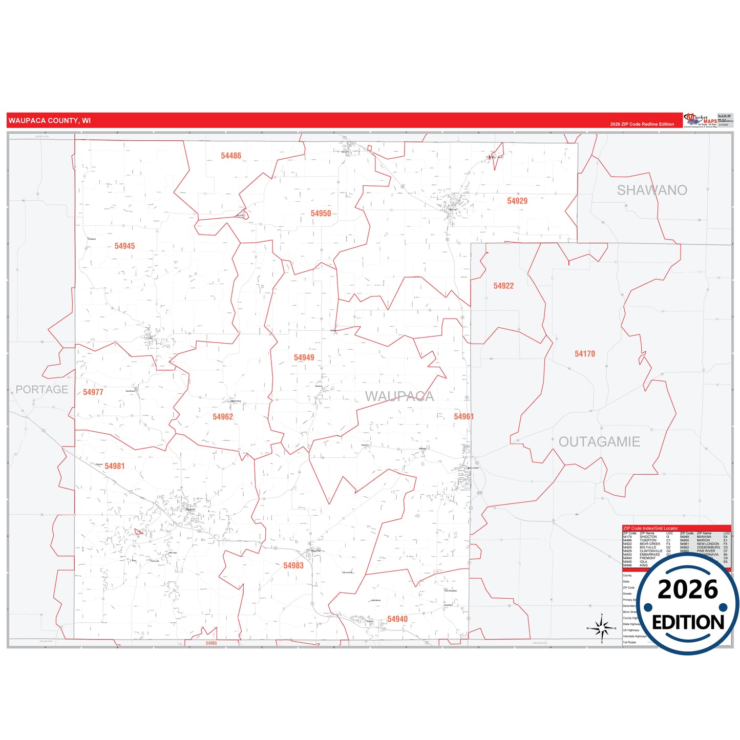 Waupaca County, WI Red Line 5 Digit ZIP Code Wall Map