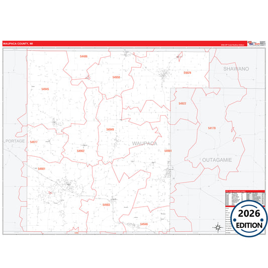 Waupaca County, WI Red Line 5 Digit ZIP Code Wall Map