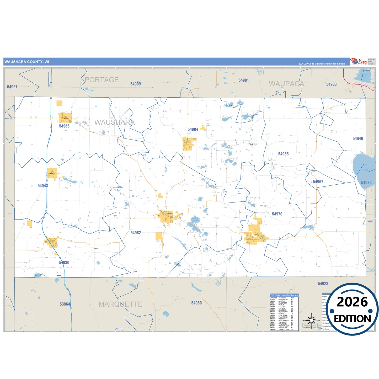 Waushara County, WI Business Reference 5 Digit ZIP Code Wall Map