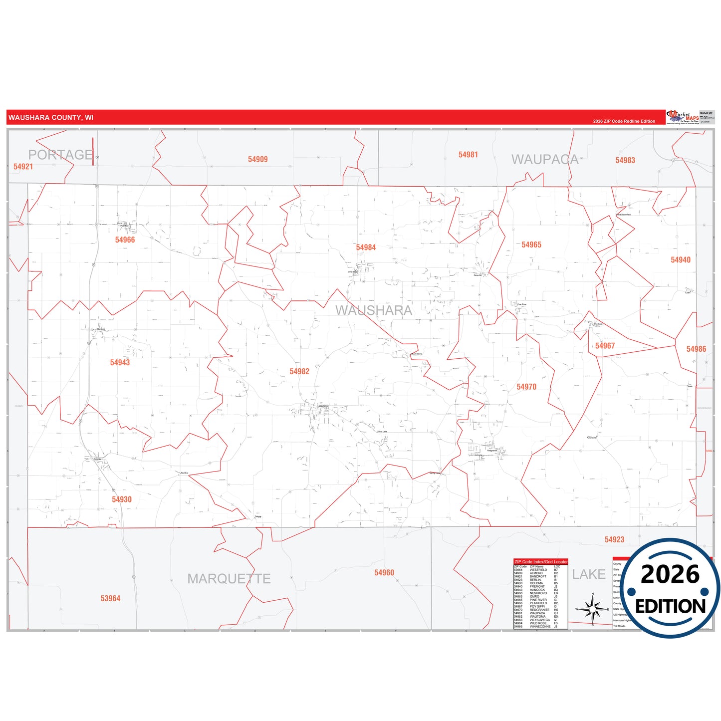 Waushara County, WI Red Line 5 Digit ZIP Code Wall Map