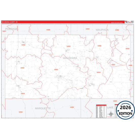 Waushara County, WI Red Line 5 Digit ZIP Code Wall Map