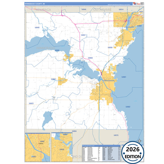Winnebago County, WI Business Reference 5 Digit ZIP Code Wall Map