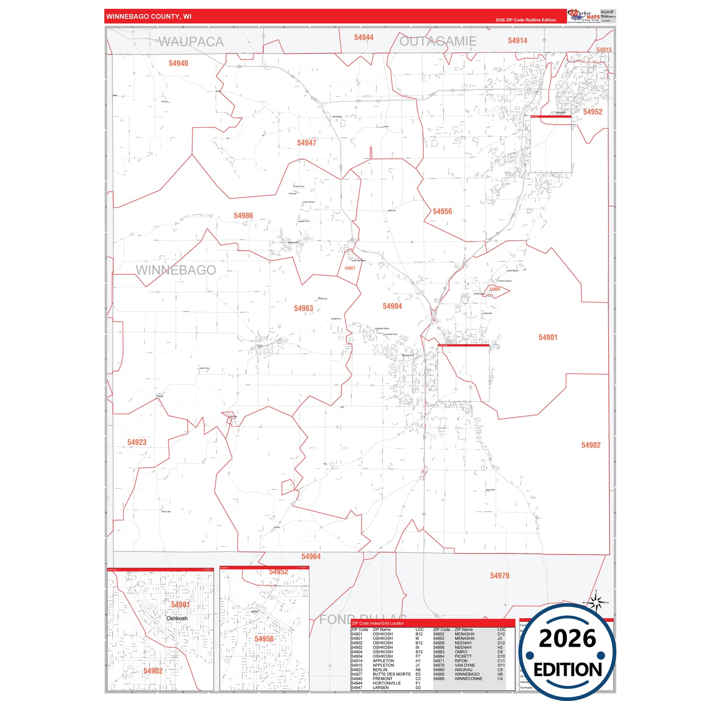 Winnebago County, WI Red Line 5 Digit ZIP Code Wall Map
