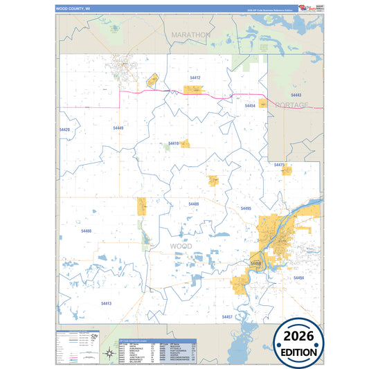 Wood County, WI Business Reference 5 Digit ZIP Code Wall Map