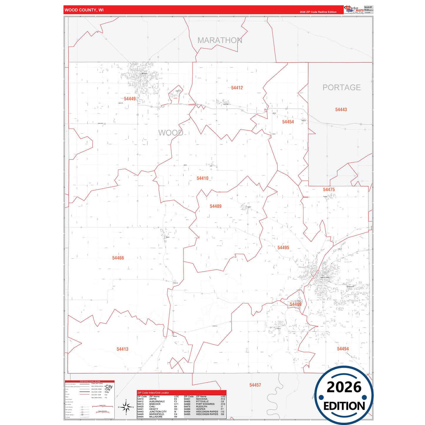 Wood County, WI Red Line 5 Digit ZIP Code Wall Map
