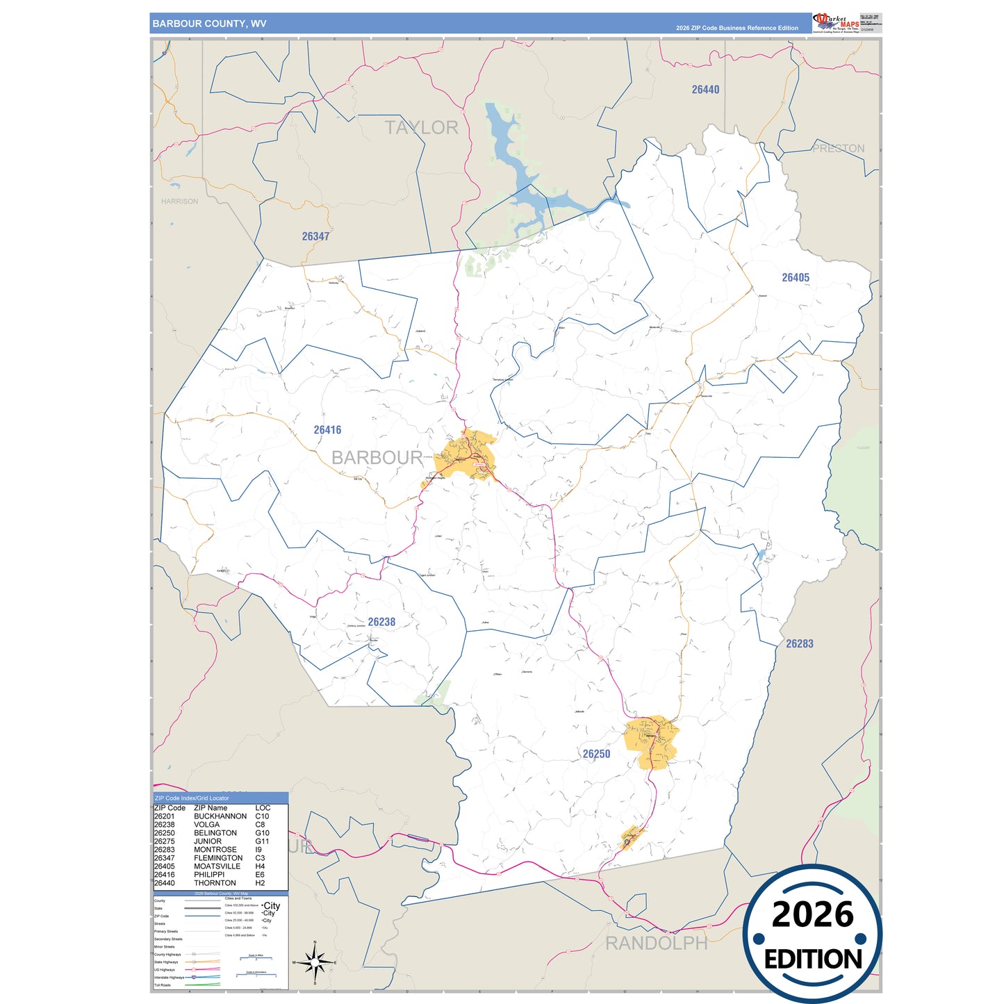 Barbour County, WV Business Reference 5 Digit ZIP Code Wall Map