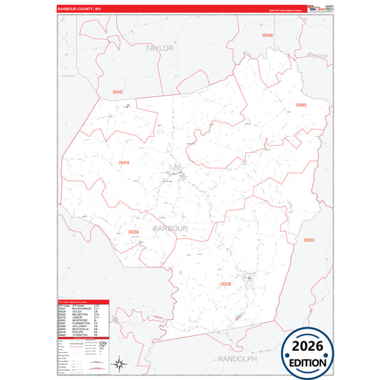 Barbour County, WV Red Line 5 Digit ZIP Code Wall Map