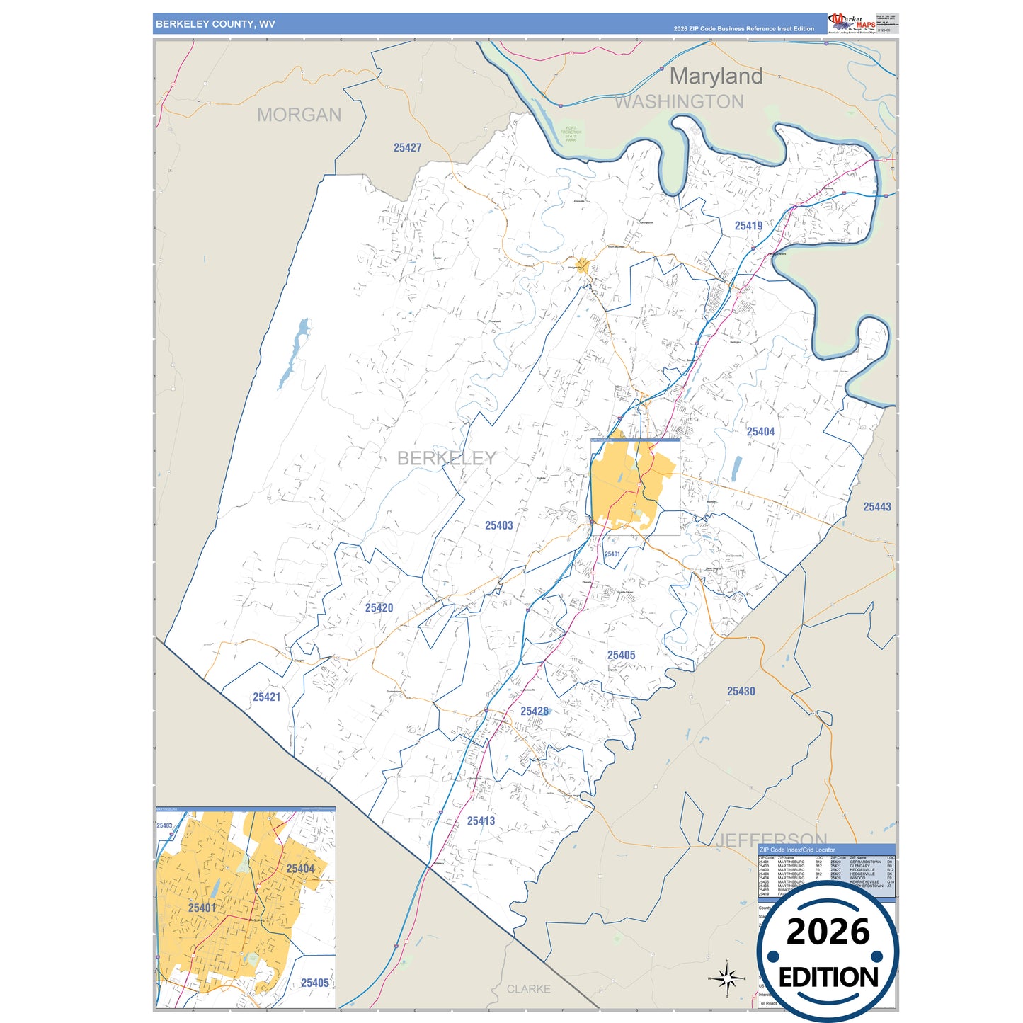 Berkeley County, WV Business Reference 5 Digit ZIP Code Wall Map