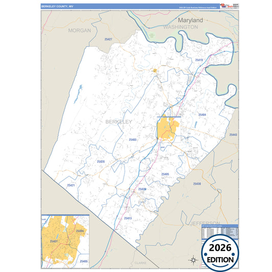 Berkeley County, WV Business Reference 5 Digit ZIP Code Wall Map
