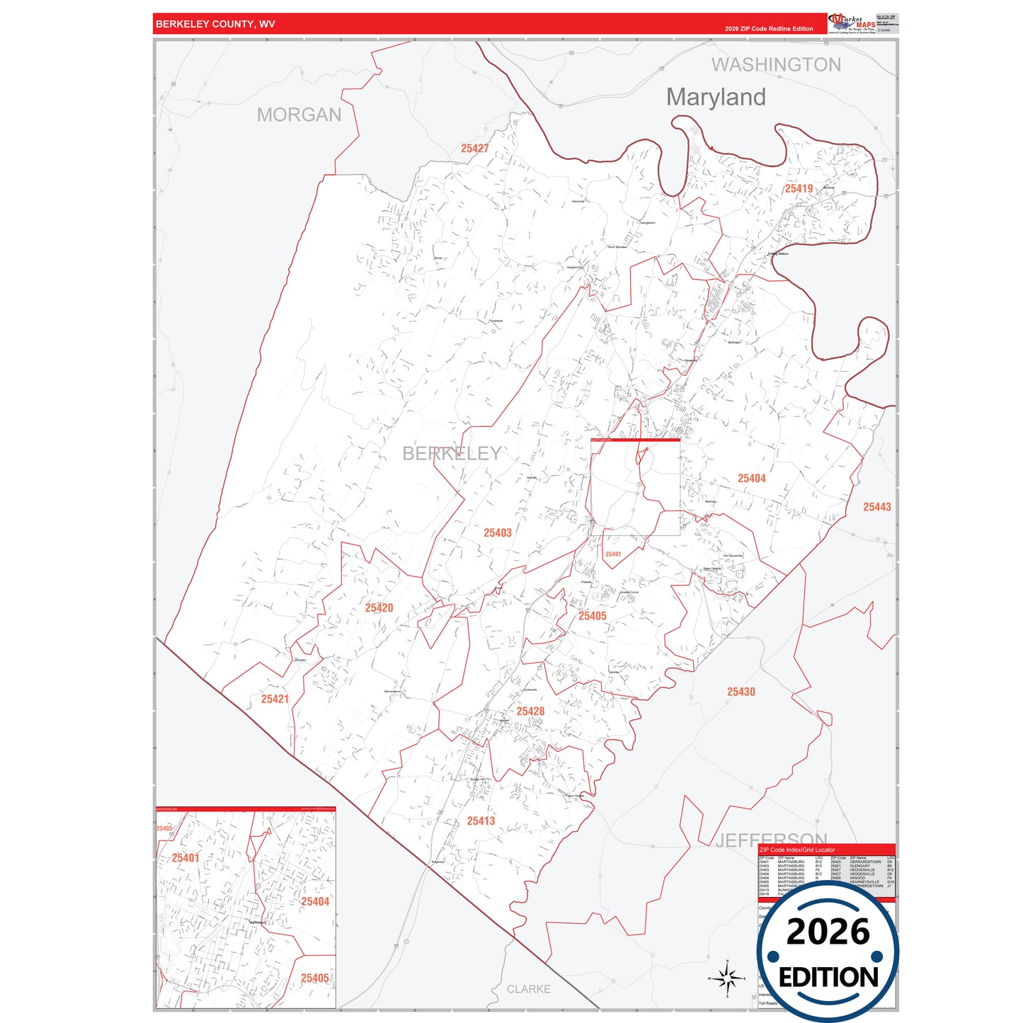 Berkeley County, WV Red Line 5 Digit ZIP Code Wall Map