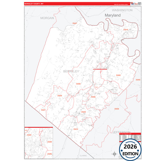 Berkeley County, WV Red Line 5 Digit ZIP Code Wall Map