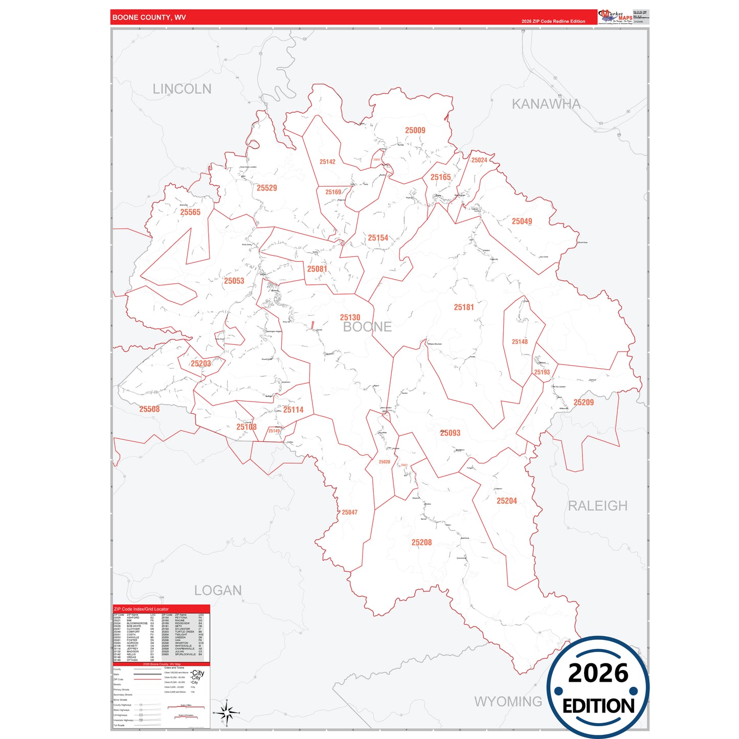 Boone County, WV Red Line 5 Digit ZIP Code Wall Map