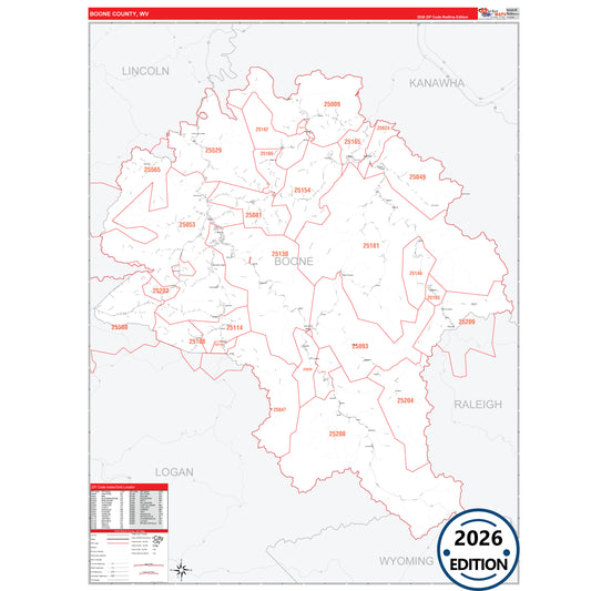 Boone County, WV Red Line 5 Digit ZIP Code Wall Map