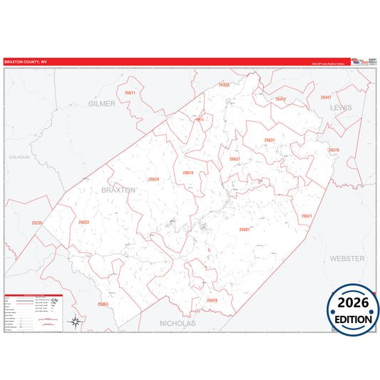 Braxton County, WV Red Line 5 Digit ZIP Code Wall Map