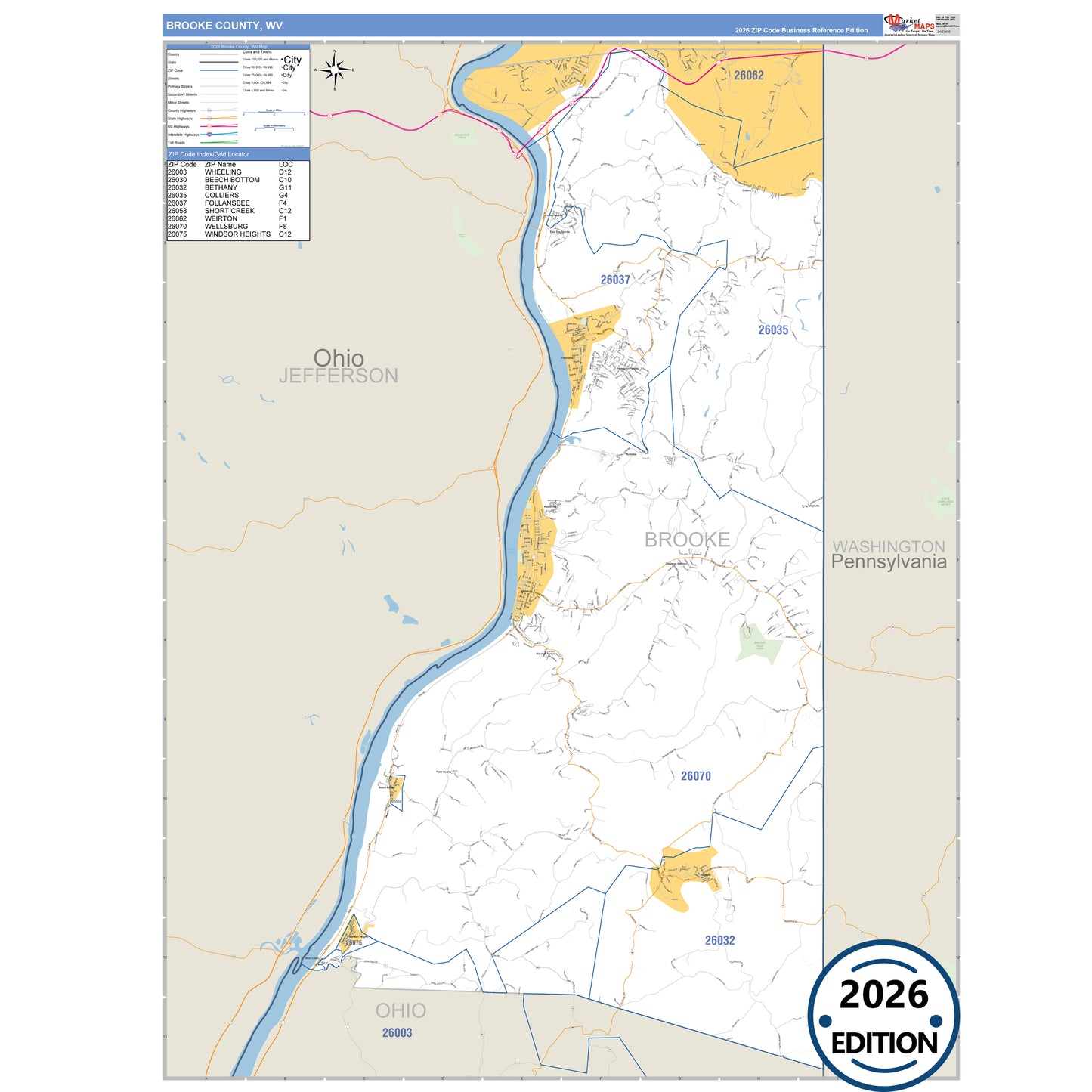 Brooke County, WV Business Reference 5 Digit ZIP Code Wall Map