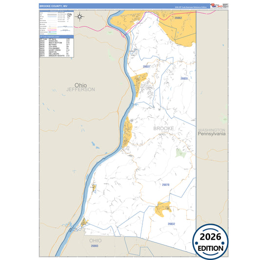 Brooke County, WV Business Reference 5 Digit ZIP Code Wall Map