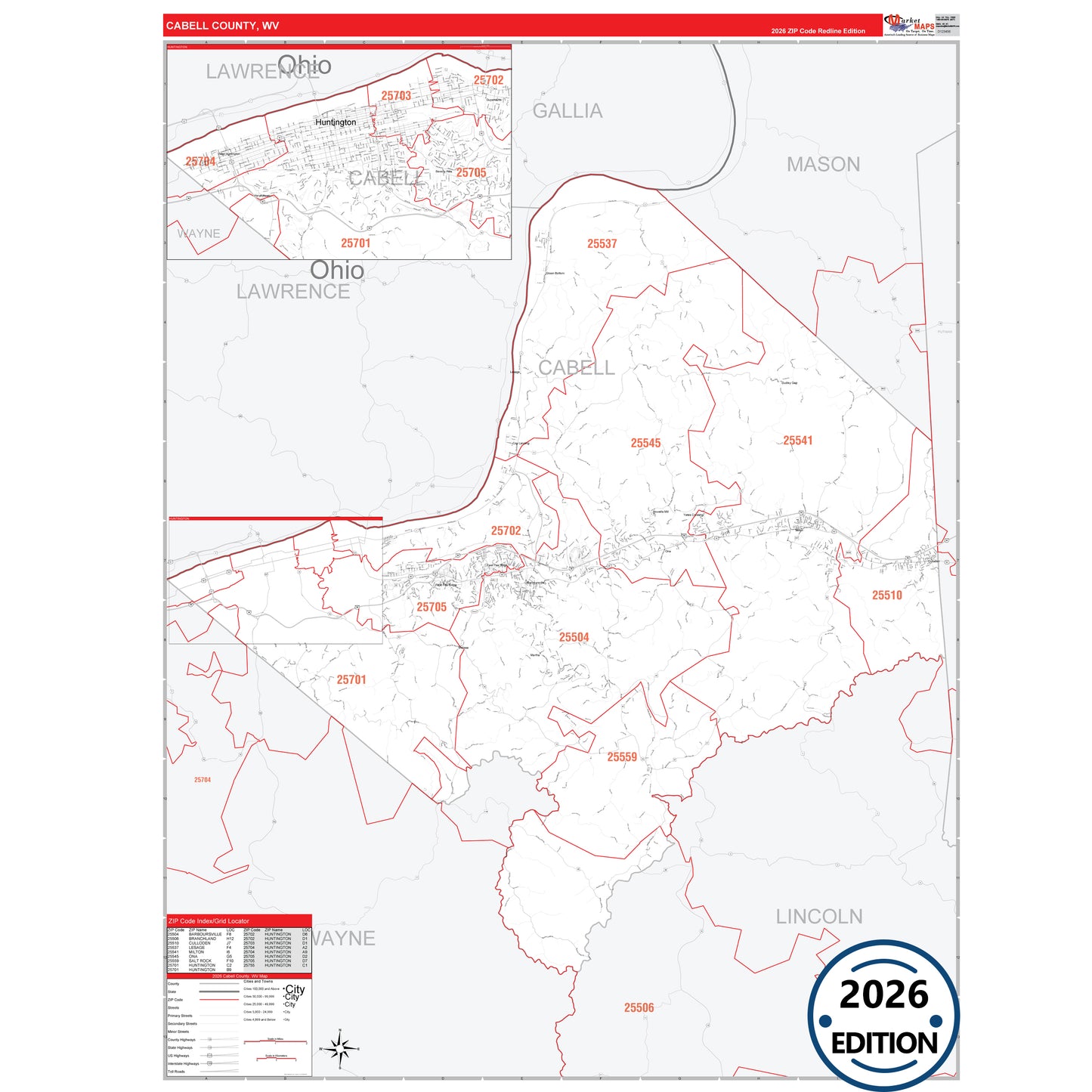 Cabell County, WV Red Line 5 Digit ZIP Code Wall Map