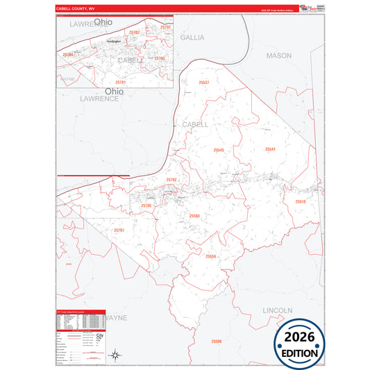 Cabell County, WV Red Line 5 Digit ZIP Code Wall Map
