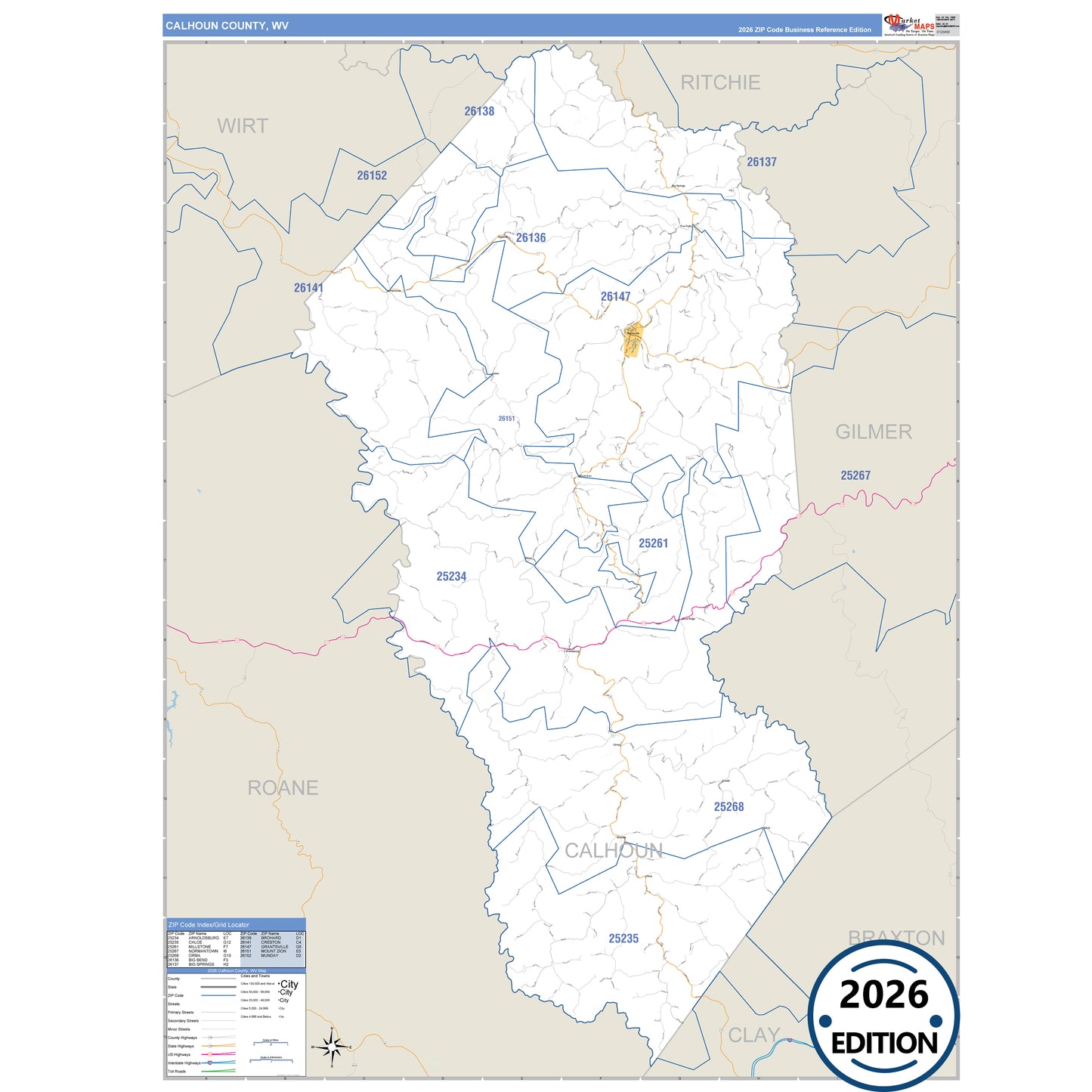 Calhoun County, WV Business Reference 5 Digit ZIP Code Wall Map