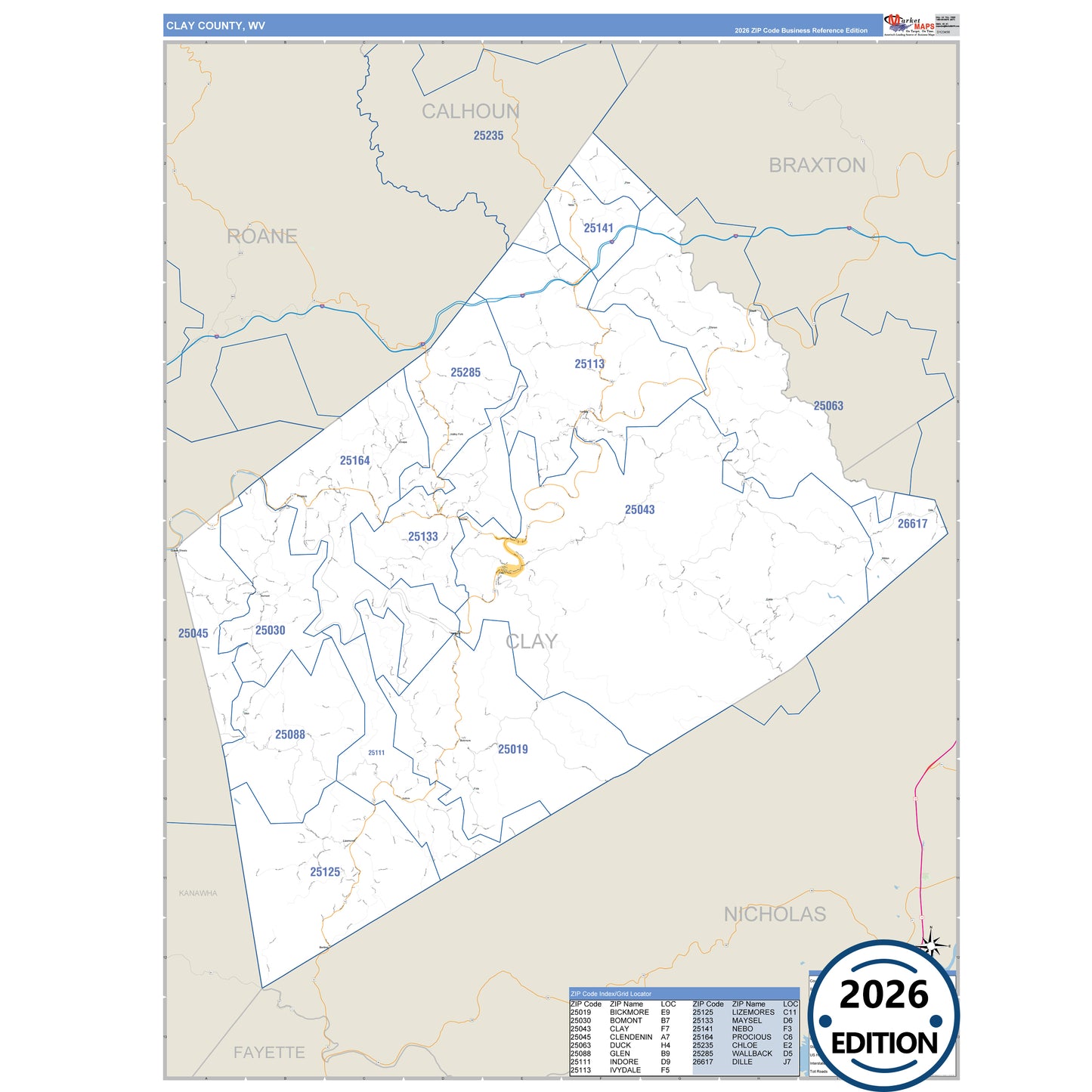Clay County, WV Business Reference 5 Digit ZIP Code Wall Map