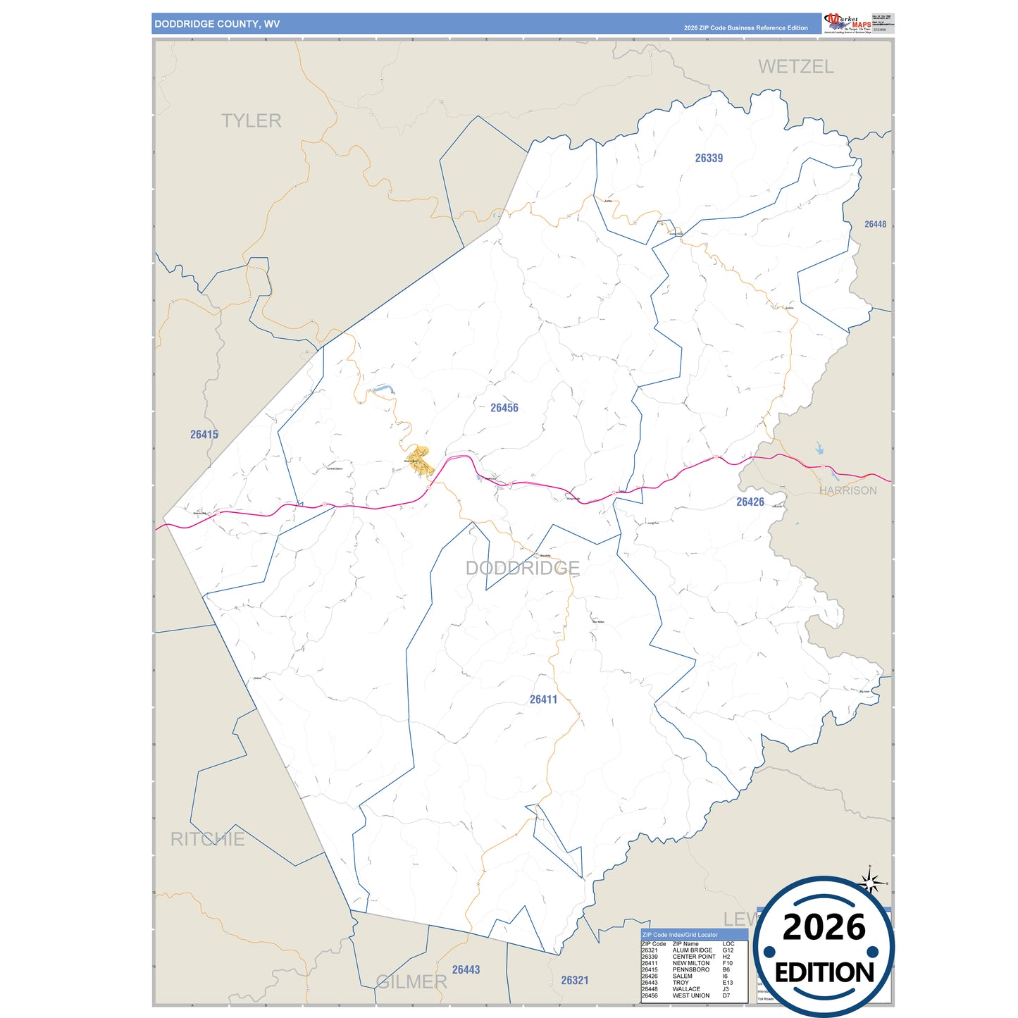 Doddridge County, WV Business Reference 5 Digit ZIP Code Wall Map