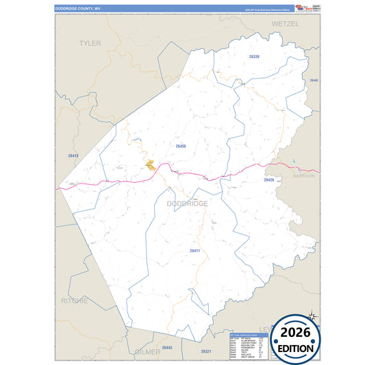 Doddridge County, WV Business Reference 5 Digit ZIP Code Wall Map