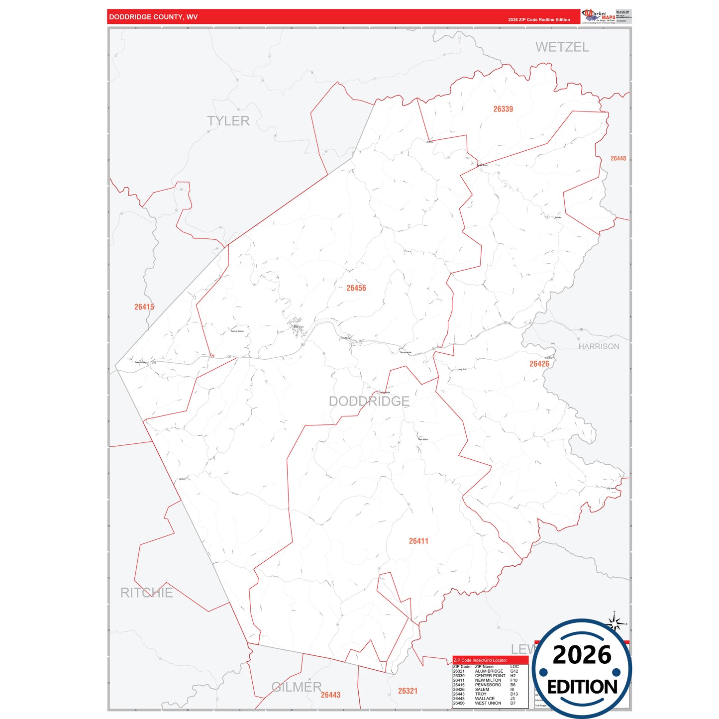 Doddridge County, WV Red Line 5 Digit ZIP Code Wall Map