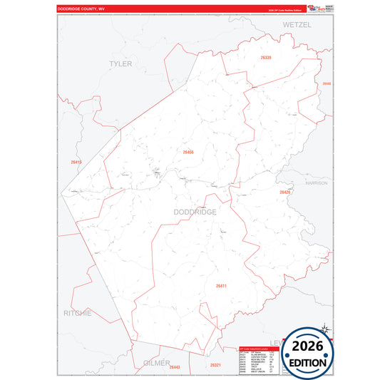 Doddridge County, WV Red Line 5 Digit ZIP Code Wall Map