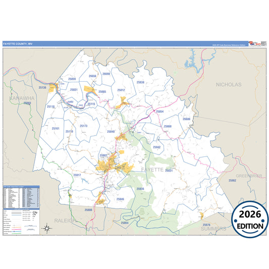 Fayette County, WV Business Reference 5 Digit ZIP Code Wall Map